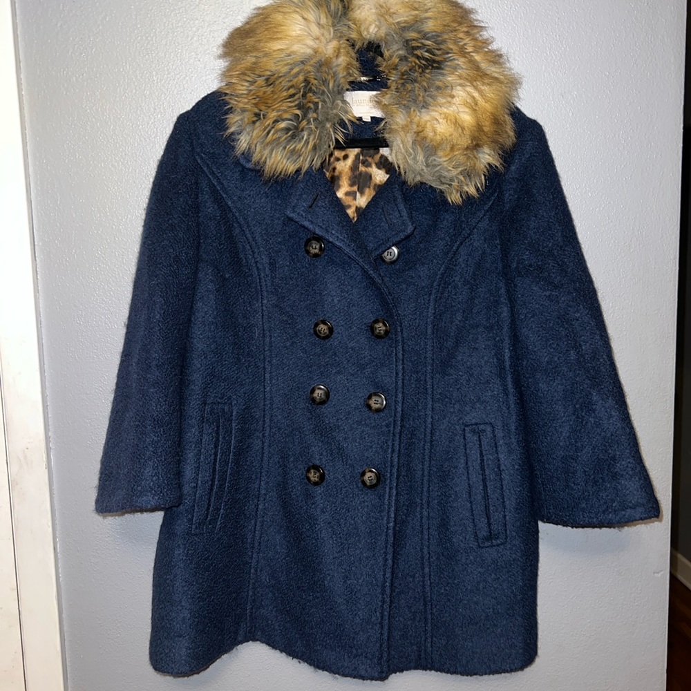 Laundry Women's Navy Blue Faux Fur Collar Coat